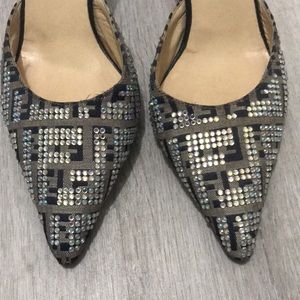Fendi Navy denim rhinestone kitten heel pointed shoe size 37.5
